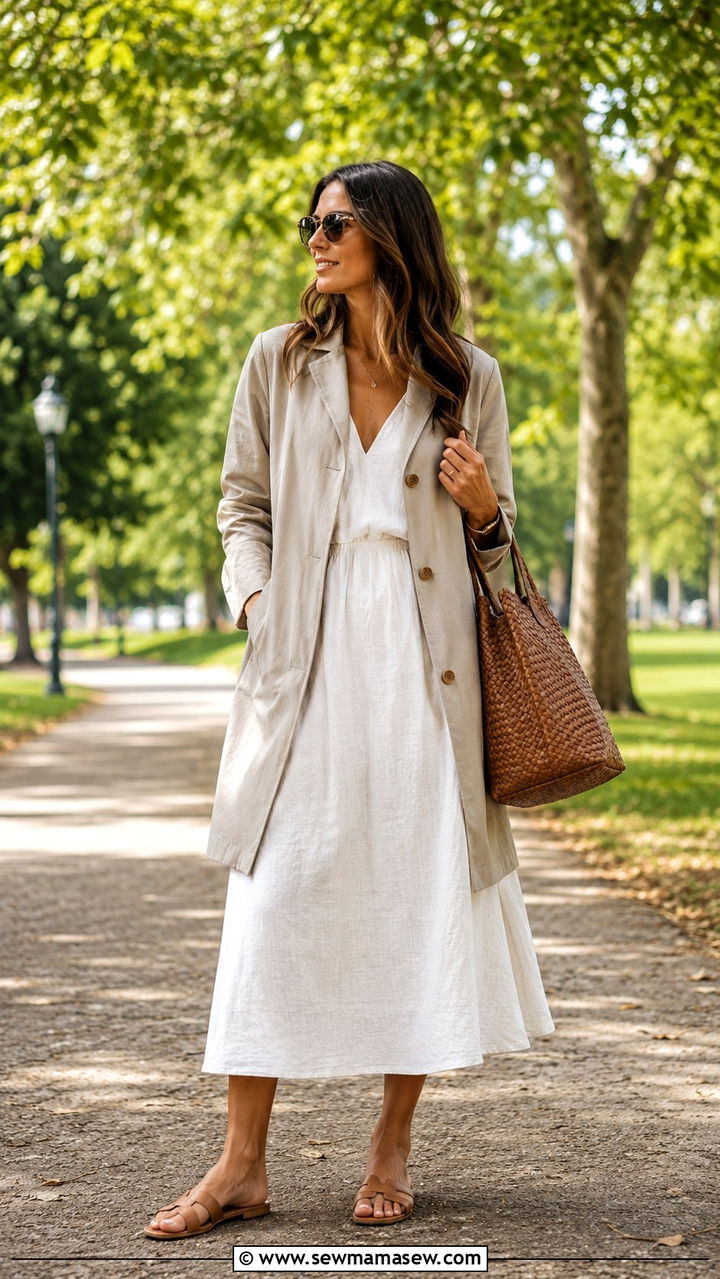 Lightweight car coat with sundress and sandals outfit - 30 In between season outfit ideas