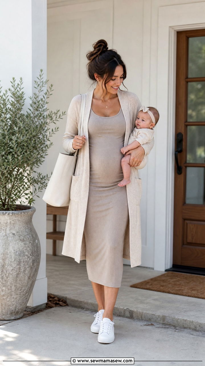 Lightweight cardigan and midi tank dress - 30 Summer outfit ideas for new mom