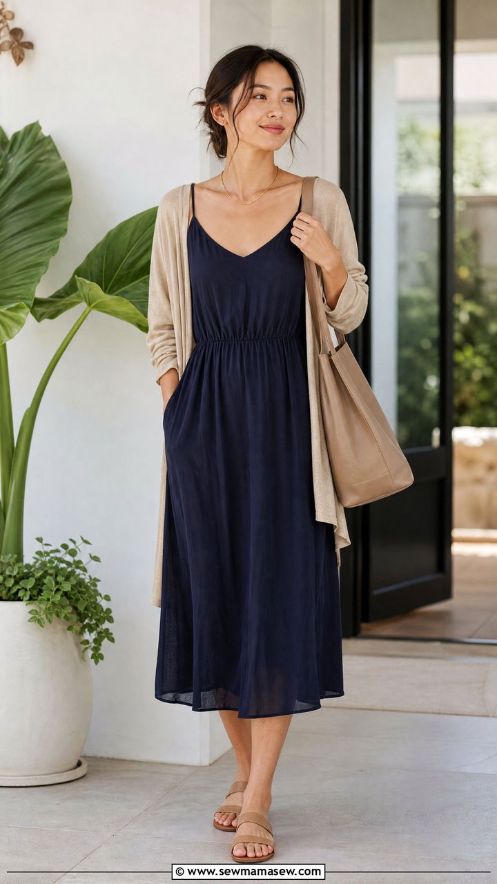 Lightweight cardigan over a cami dress - 30 Muggy weather outfit ideas