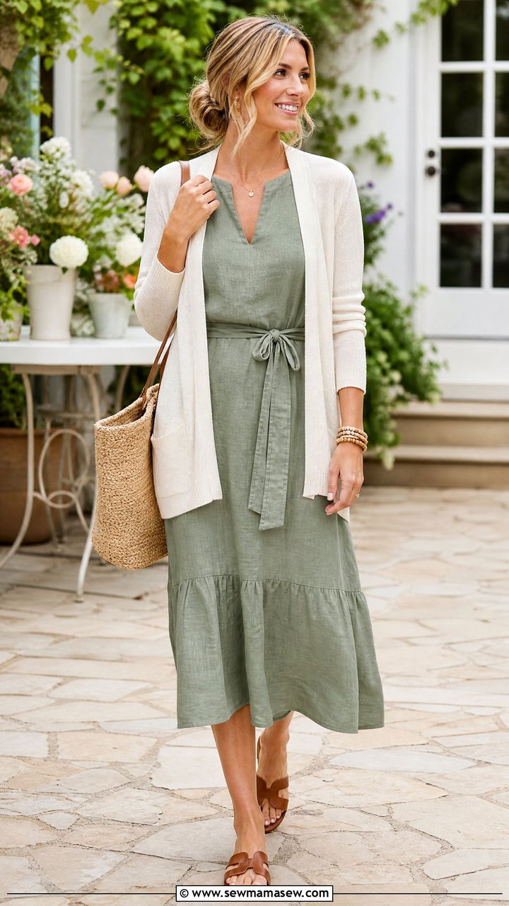 Lightweight cardigan with linen midi dress outfit - 30 Cozy spring outfit ideas 2026