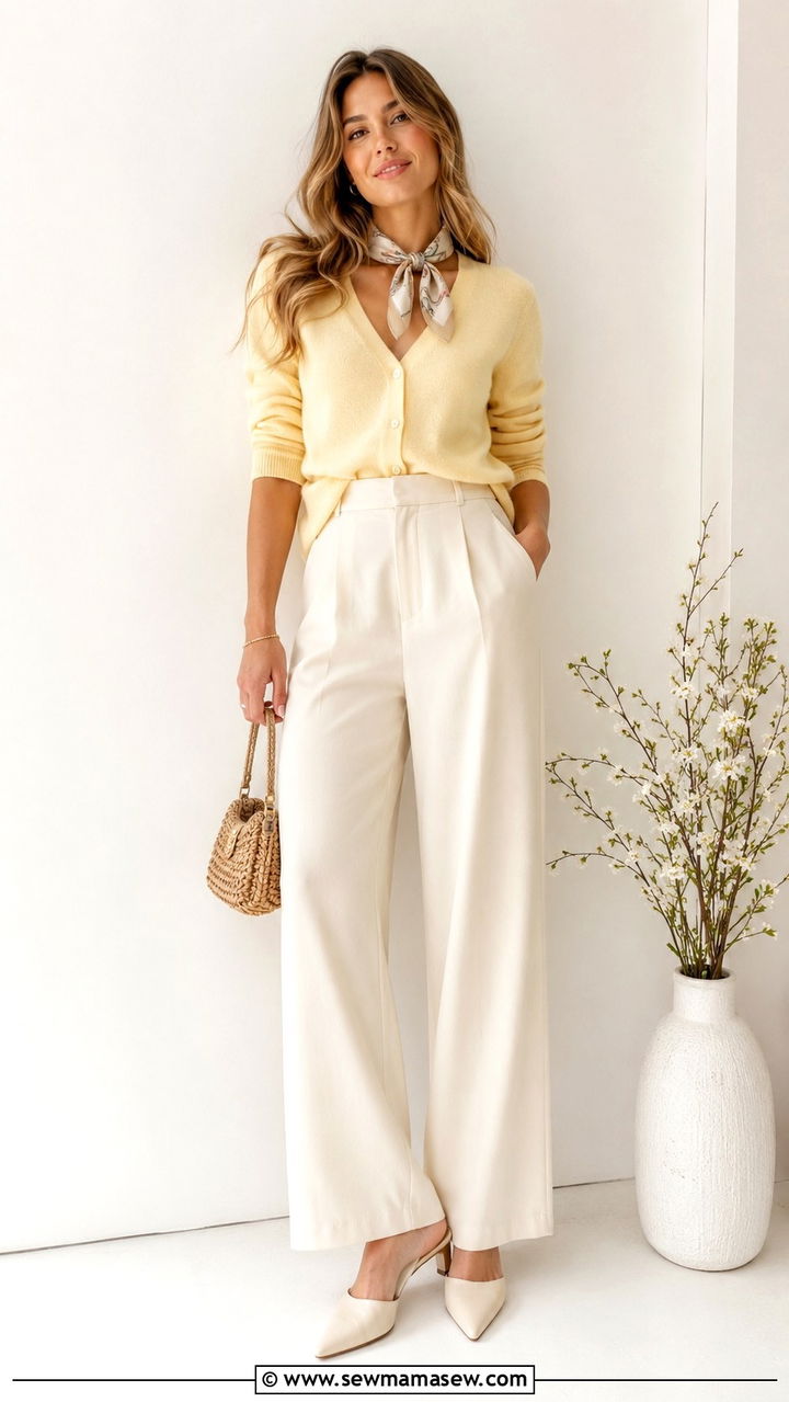 Lightweight cardigan with scarf tied at neck and wide leg trousers - 30 Spring outfits with scarves