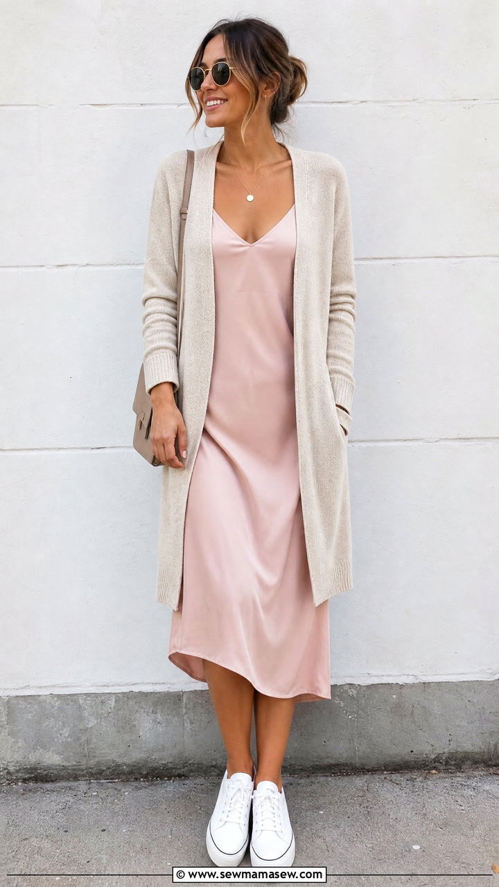 Lightweight cardigan with slip dress and low sneakers - 20 Spring outfits for 60-70 degree weather