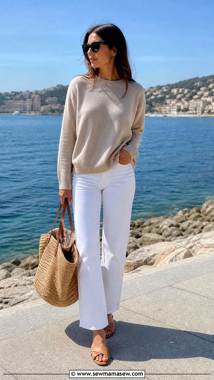 Lightweight cashmere crewneck with white denim and a woven tote - 20 Quiet luxury Loro Piana dupes outfit ideas