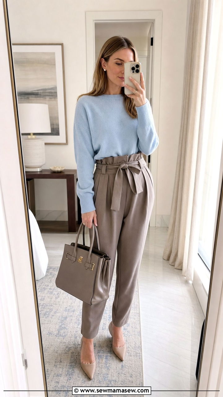 Lightweight cashmere sweater with paperbag waist trousers - 25 Spring outfits for 30 year old woman