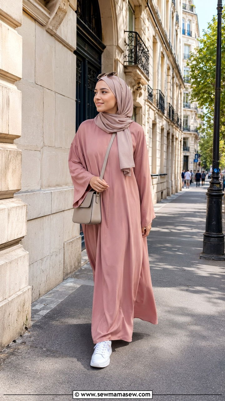 Lightweight closed abaya with white sneakers - 25 Vacation outfit ideas Muslim women