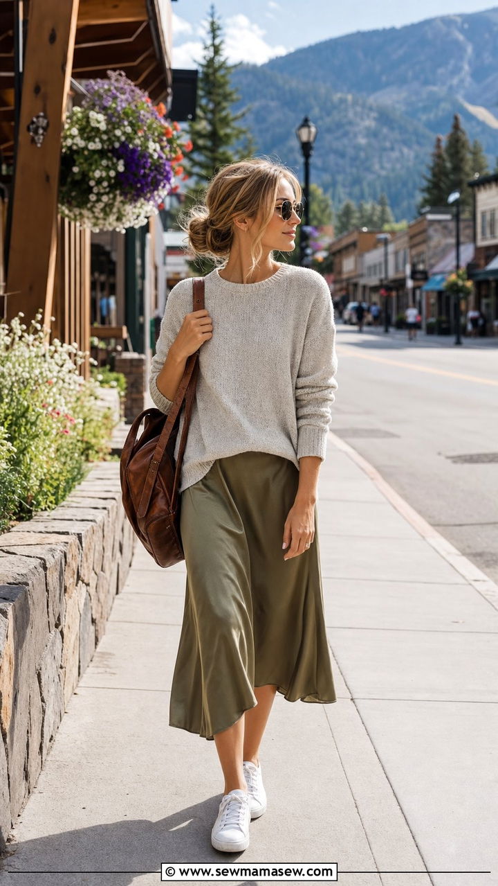 Lightweight crewneck sweater over a slip dress with sneakers - 25 Summer cabin outfits