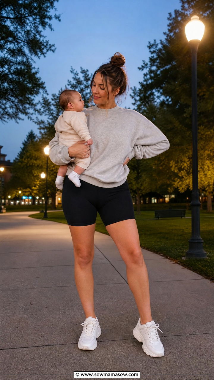 Lightweight crewneck sweatshirt and bike shorts with chunky sneakers - 30 summer outfits for postpartum women