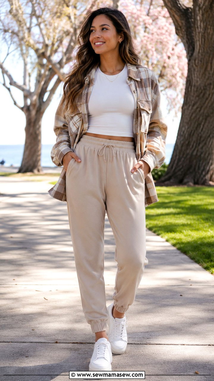 Lightweight joggers with a sleeveless performance top and a shacket - 25 Athleisure outfit ideas for women over 50