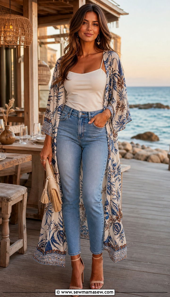 Lightweight kimono over camisole and high waisted jeans - 25 Summer outfits for hourglass figure