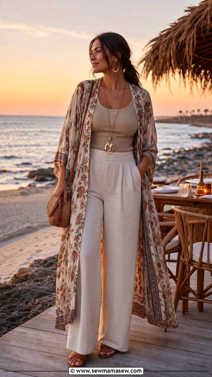 Lightweight kimono with tank and wide leg pants - 25 summer outfits for pear shaped body