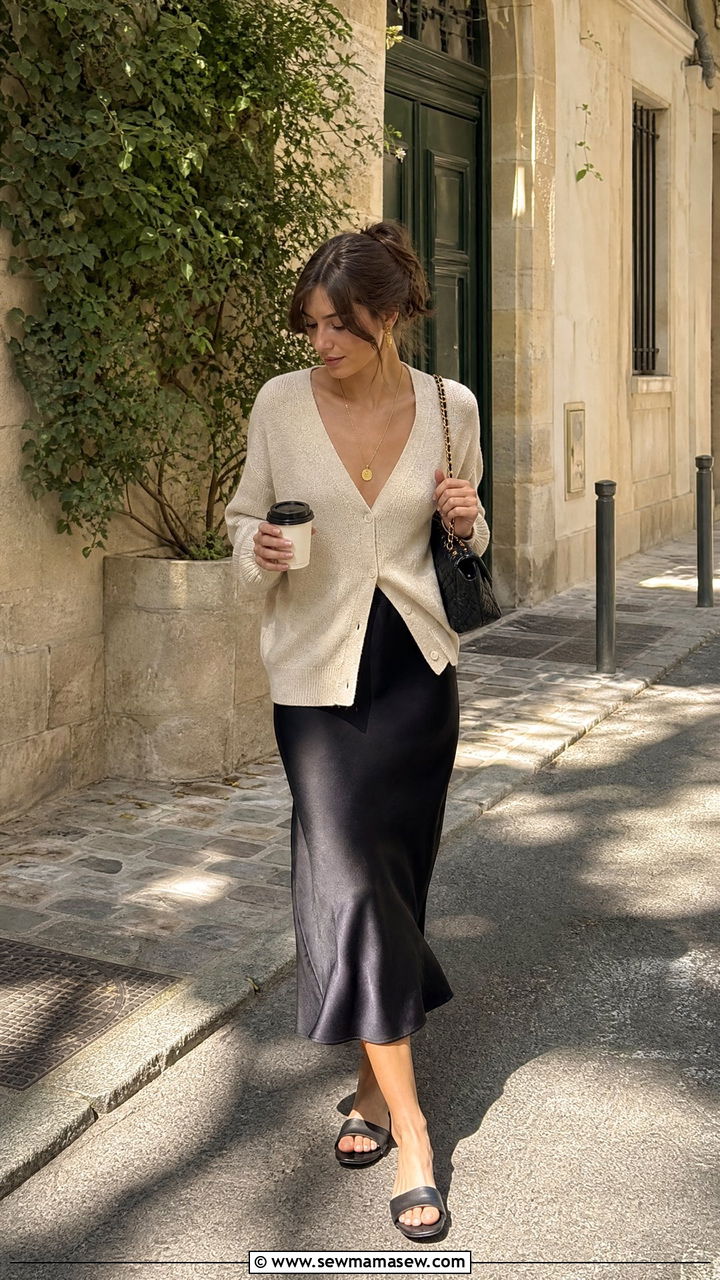 Lightweight knit cardigan and midi slip skirt - 20 French girl outfit ideas Lea Seydoux