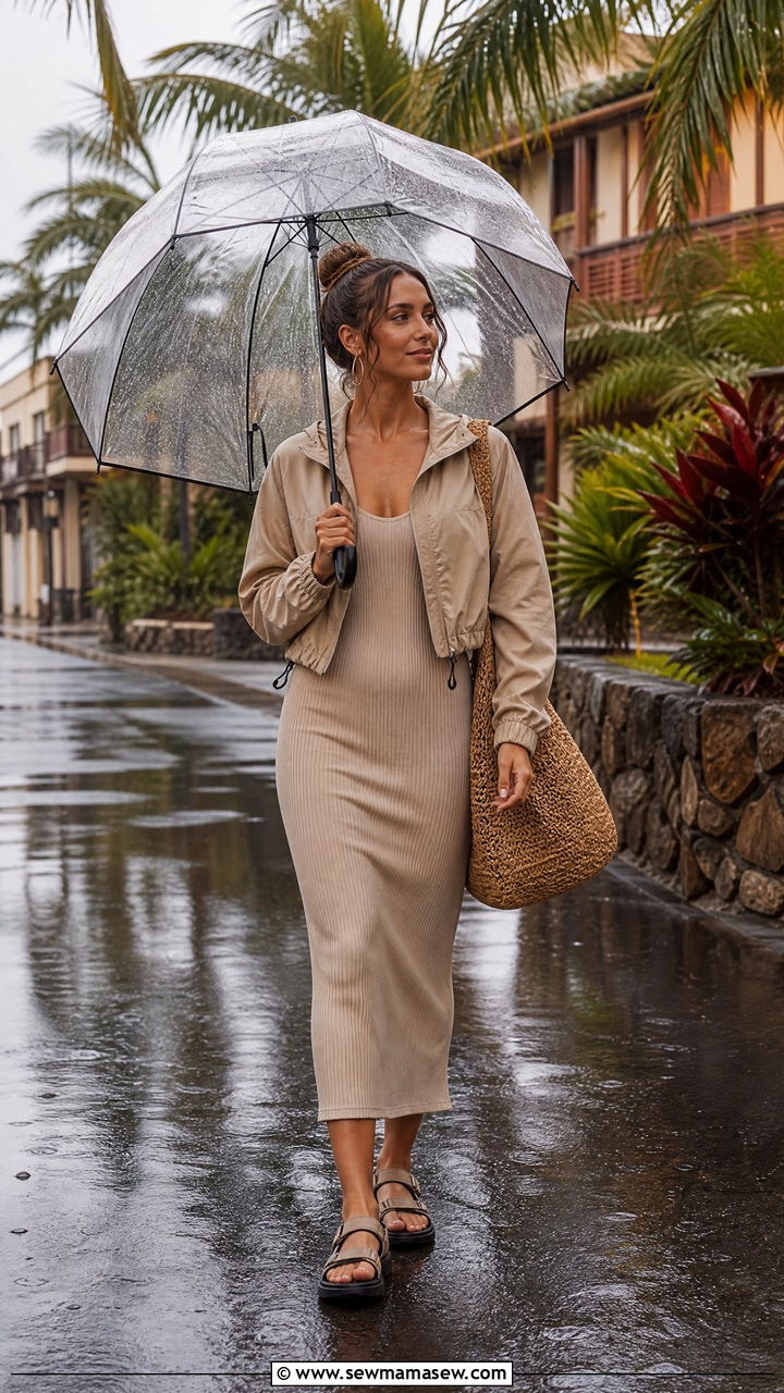 Lightweight knit dress with waterproof sandals and umbrella - 30 Cozy rainy day outfit ideas