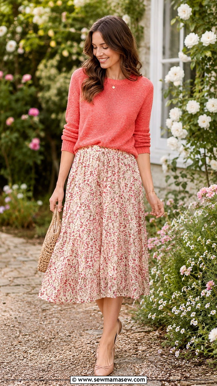 Lightweight knit sweater with flowy midi skirt outfit - 20 Summer outfits for 55 degree weather