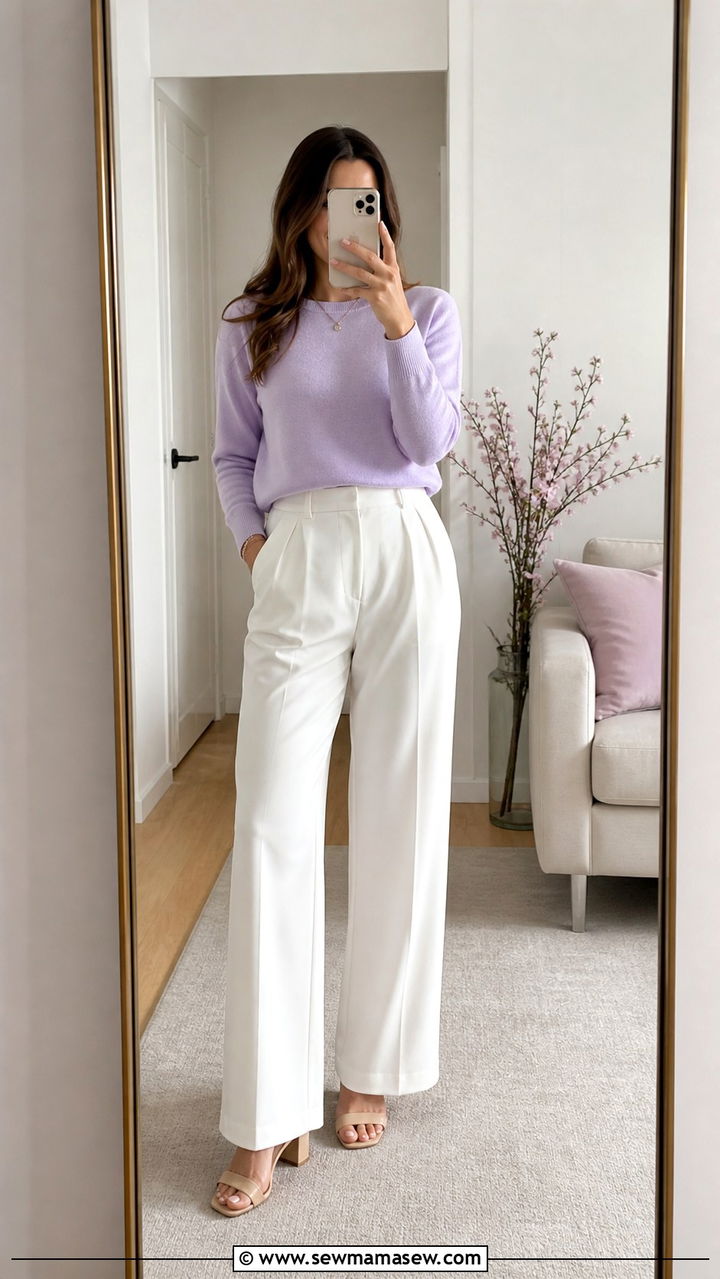Lightweight knit sweater with white wide leg trousers - 40 What to wear in spring