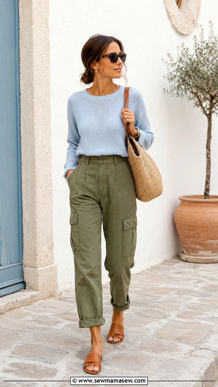 Lightweight knit with cargo pants and sporty sandals - 30 Sweater outfit ideas for women over 40