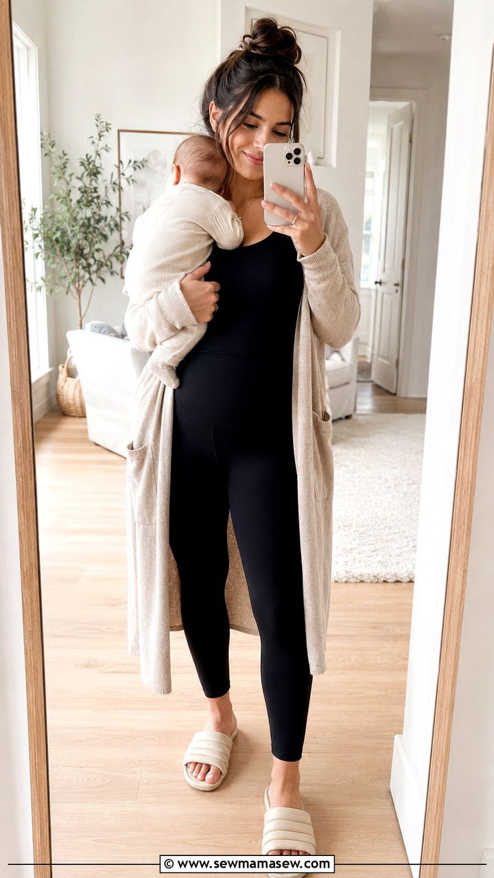 Lightweight long cardigan over a nursing tank and leggings - 30 Postpartum outfit ideas summer