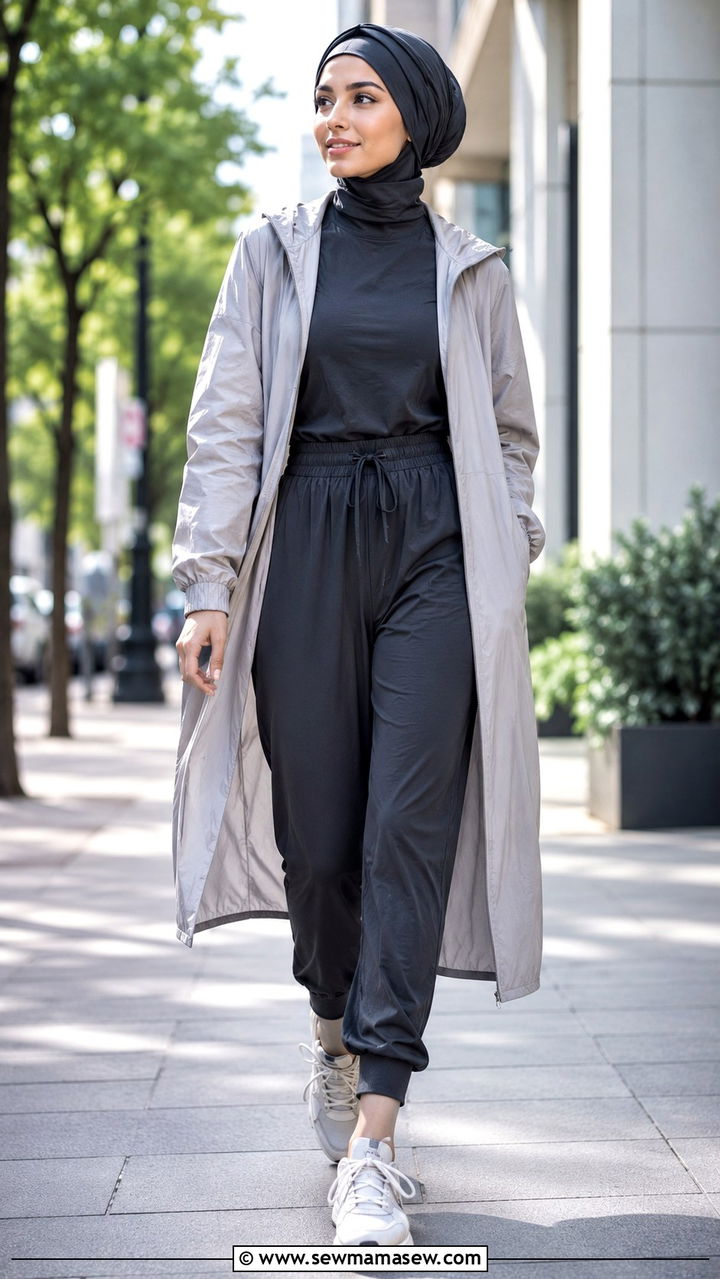 Lightweight long outer layered over quick dry inner with joggers and turban hijab - 25 Modest running outfit ideas with hijab
