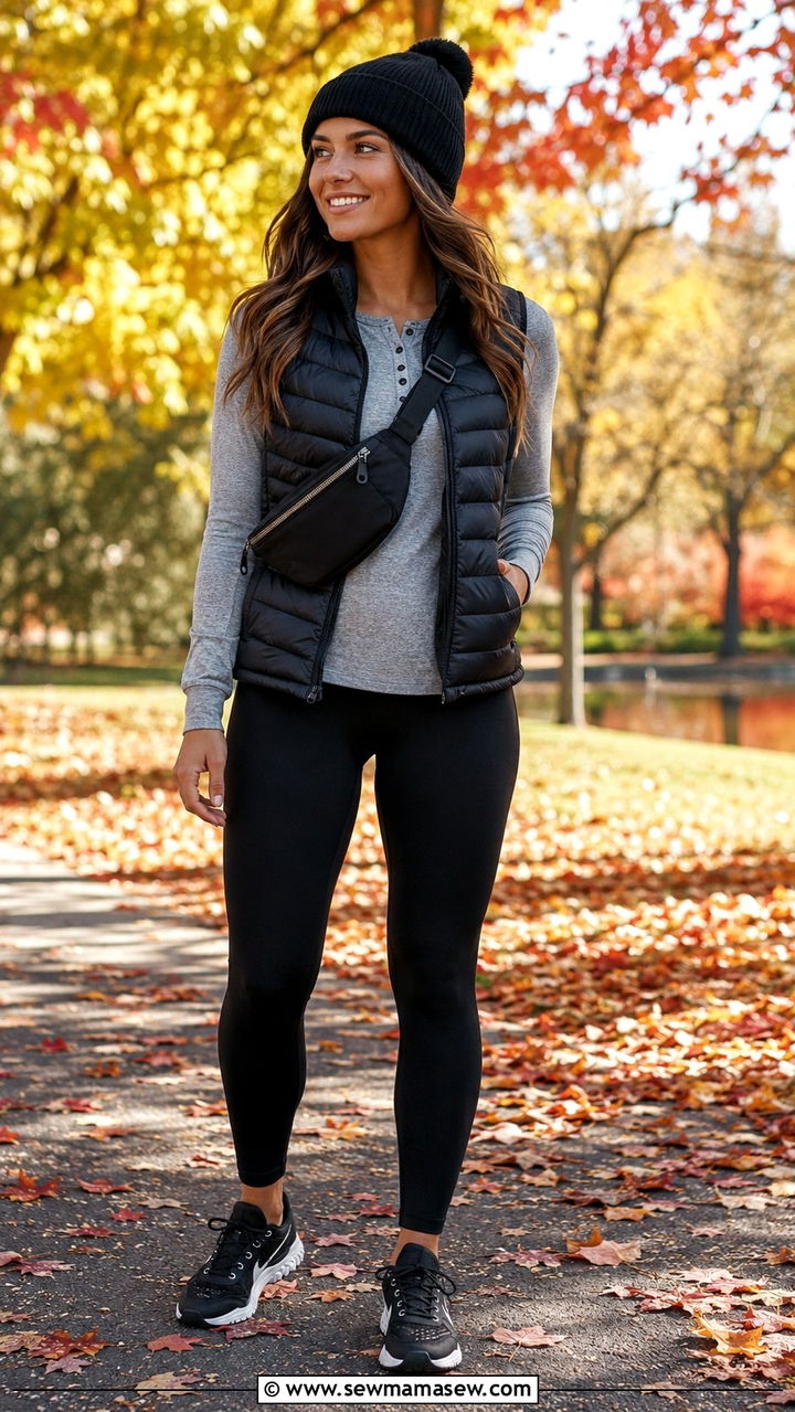 Lightweight puffer vest over a long sleeve henley with leggings - 30 Unpredictable weather outfit ideas