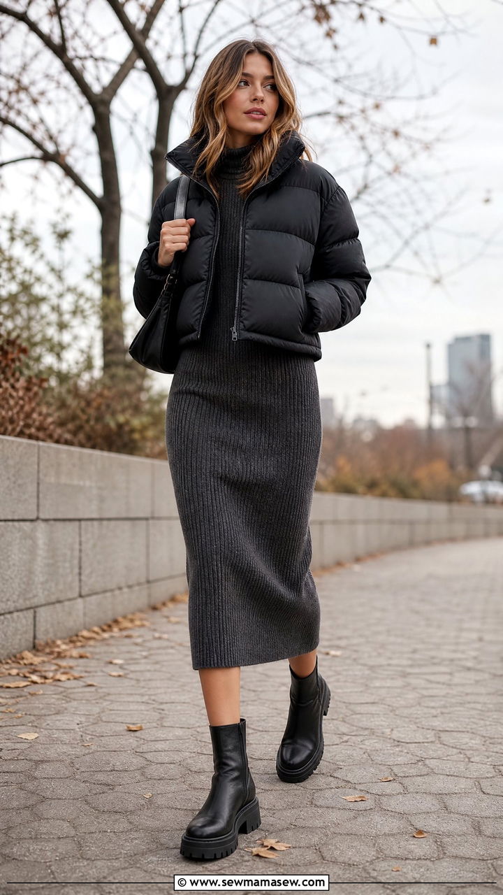 Lightweight puffer with knit midi dress - 35 Layering outfits for changing weather