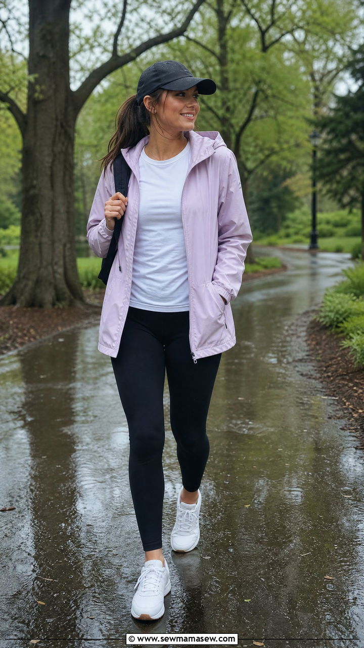 Lightweight rain jacket with leggings - 25 spring rainy day outfit ideas