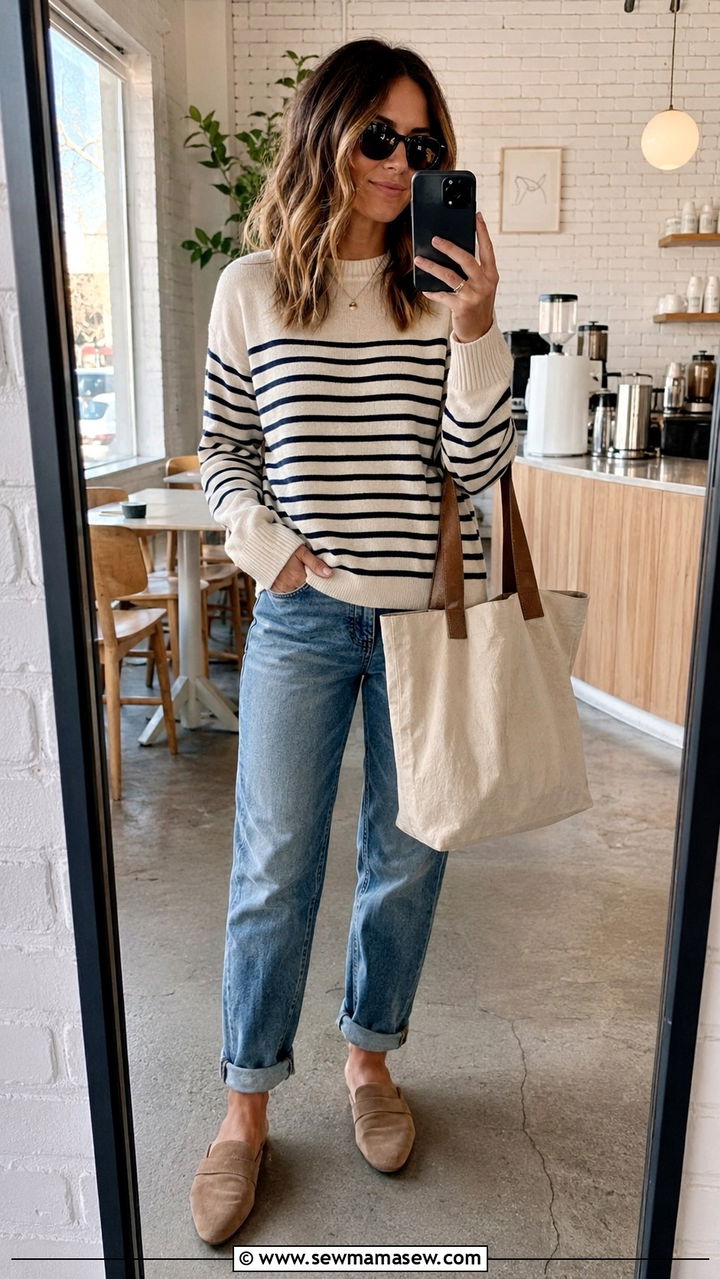 Lightweight striped sweater with cuffed boyfriend jeans - 30 Spring outfits with light sweaters