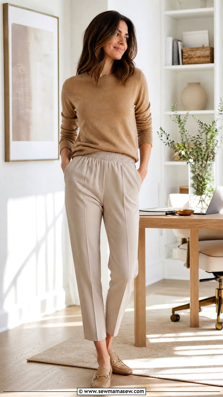 Lightweight sweater and tailored trousers outfit - 35 Loungewear outfit ideas for work from home