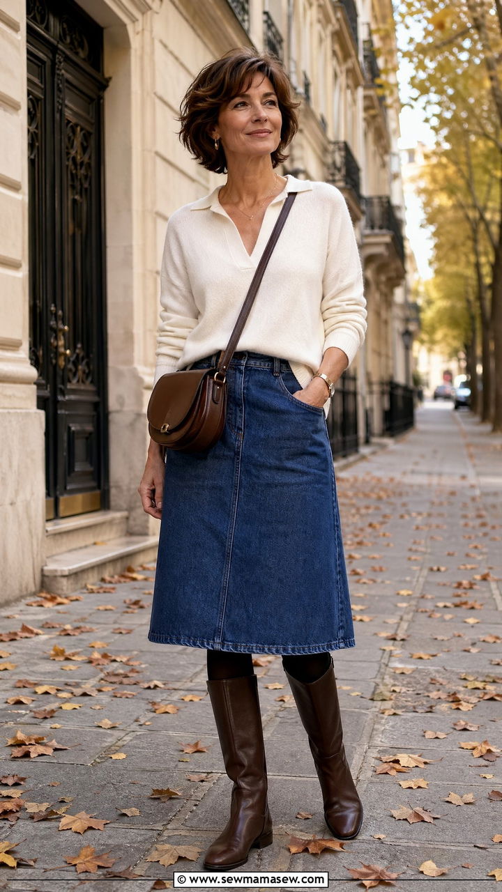 Lightweight sweater with A line skirt - 35 French girl outfit ideas for women over 40
