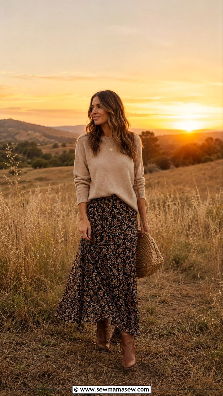 Lightweight sweater with maxi skirt outfit - 20 summer to fall outfits 2026