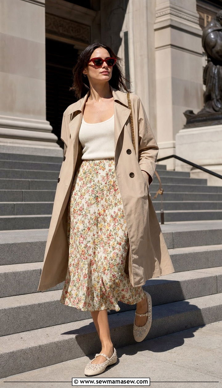 Lightweight trench and floral skirt outfit - 25 spring to summer outfits inspo