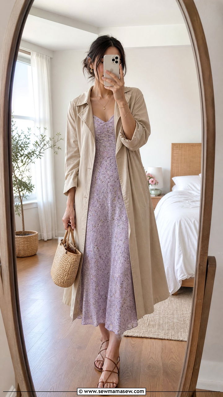 Lightweight trench coat with midi dress - 30 summer trench coat outfit ideas