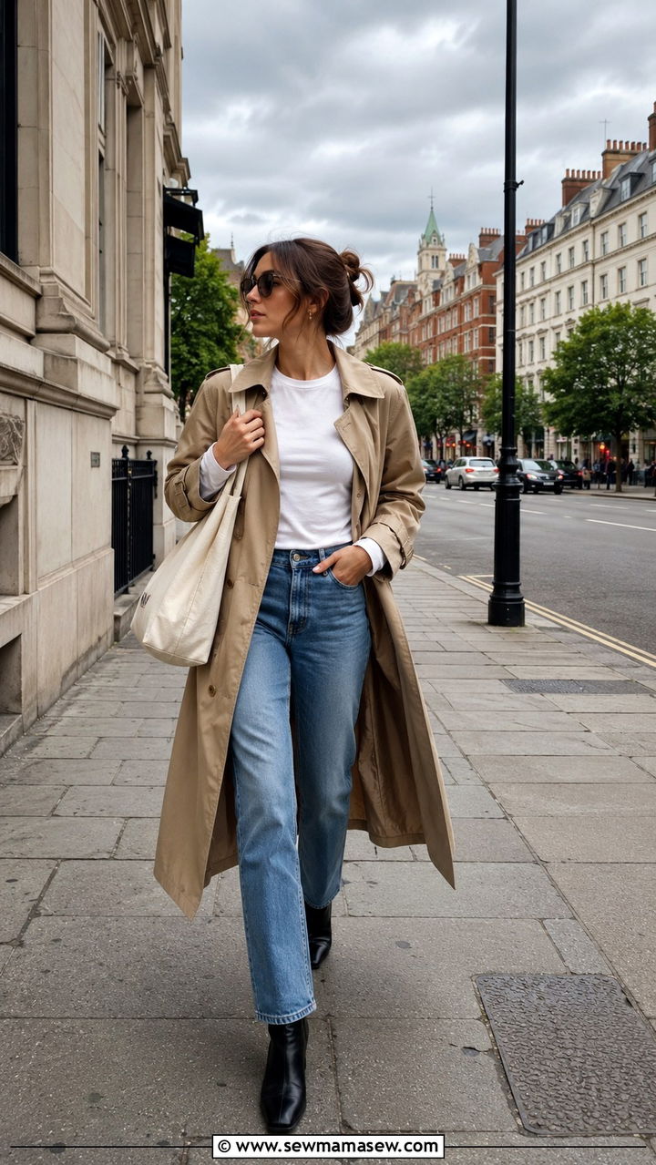 Lightweight trench coat with straight leg jeans and ankle boots - 30 Overcast day outfit ideas
