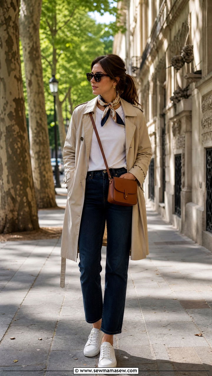 Lightweight trench coat with straight leg jeans - 25 casual Italy outfits