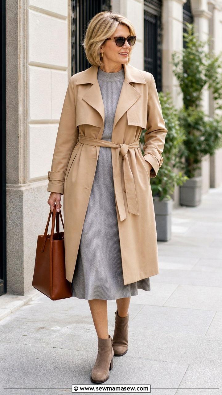 Lightweight trench over knit dress - 40 spring outfit ideas for women over 40