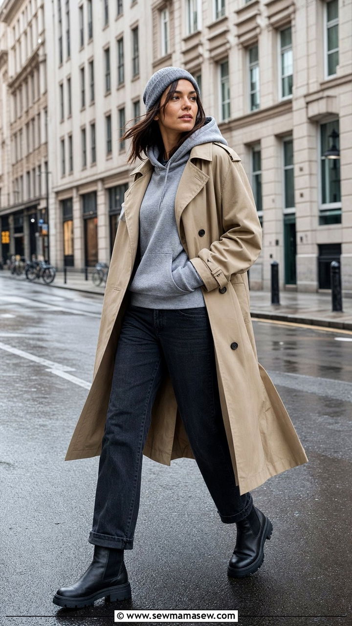 Lightweight trench with a hoodie and relaxed jeans - 25 spring early spring outfit ideas