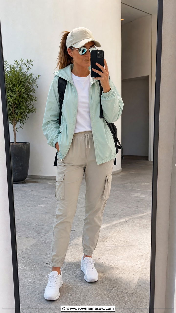 Lightweight windbreaker and cargo joggers backpacking outfit - 20 Backpacking outfit ideas