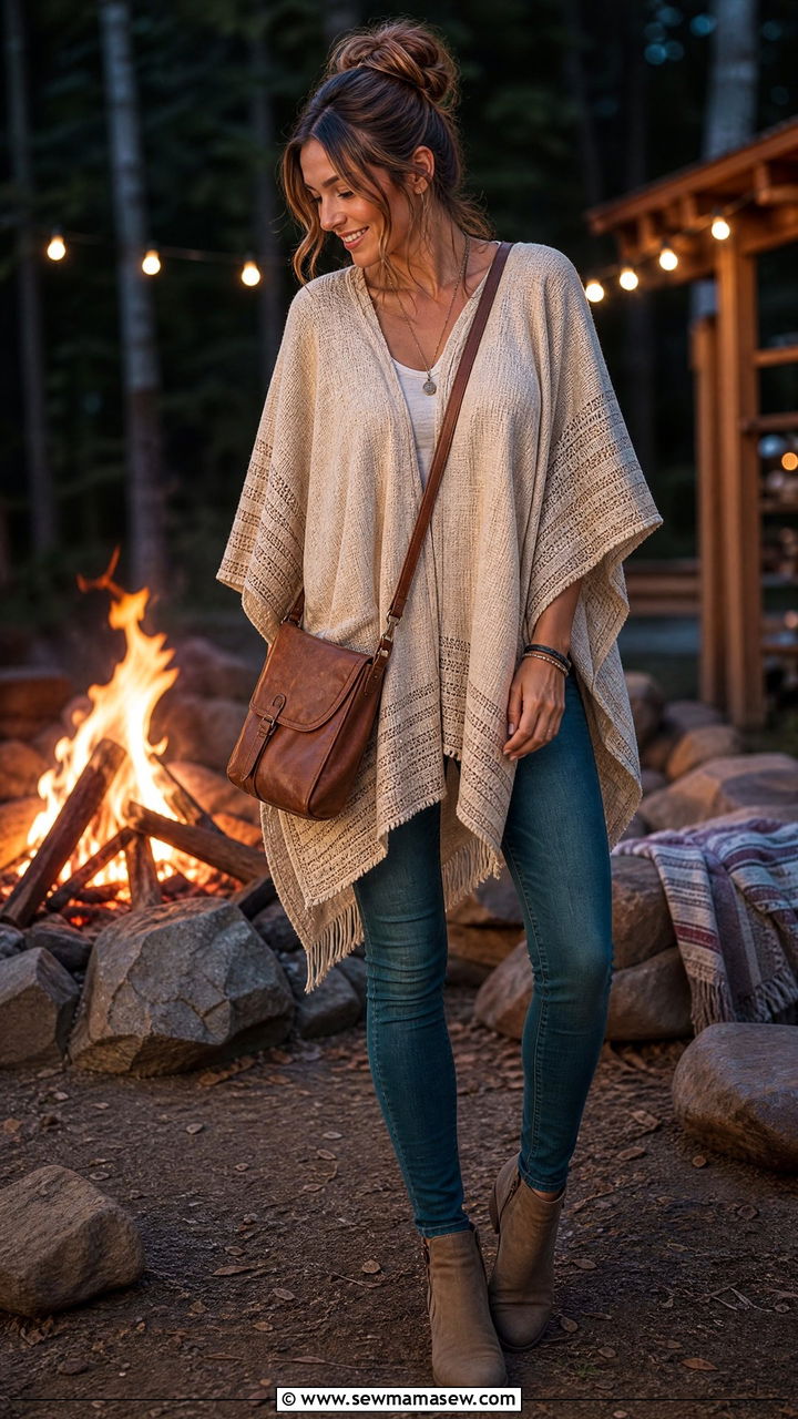 Lightweight woven poncho with slim jeans - 30 Cozy summer outfit ideas 2026