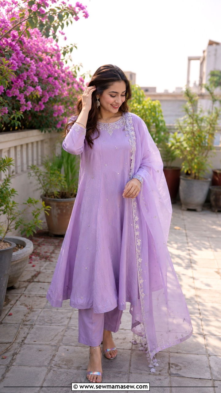 Lilac A Line Frock With Straight Trousers - 25 Modest outfit ideas for Walima