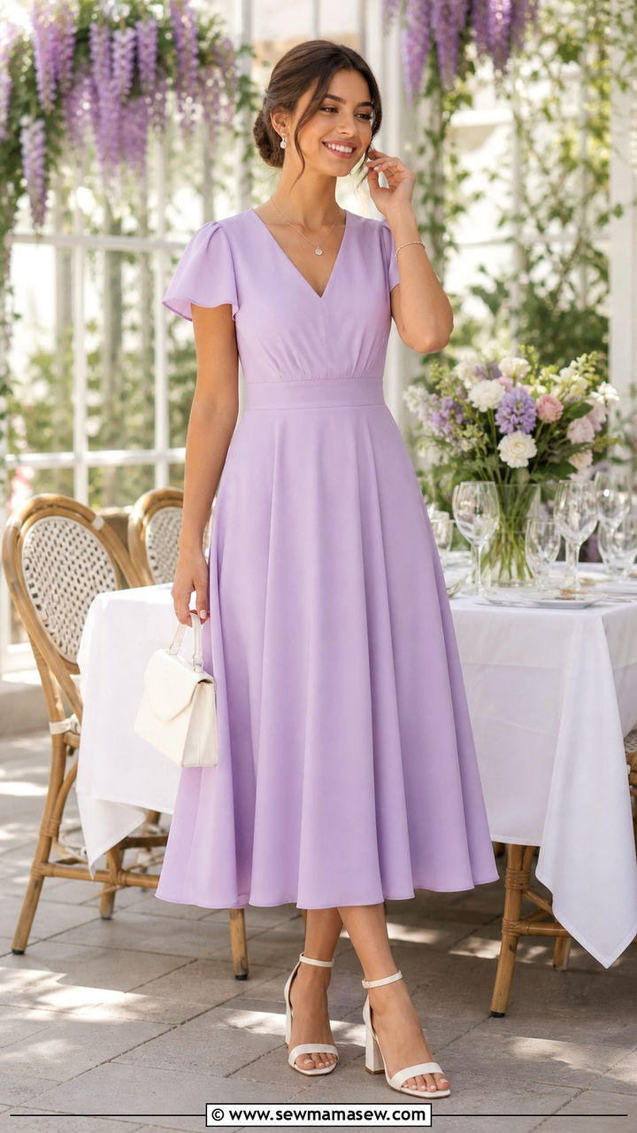 Lilac A Line Midi Dress with White Block Heels - 40 Spring baby shower outfits