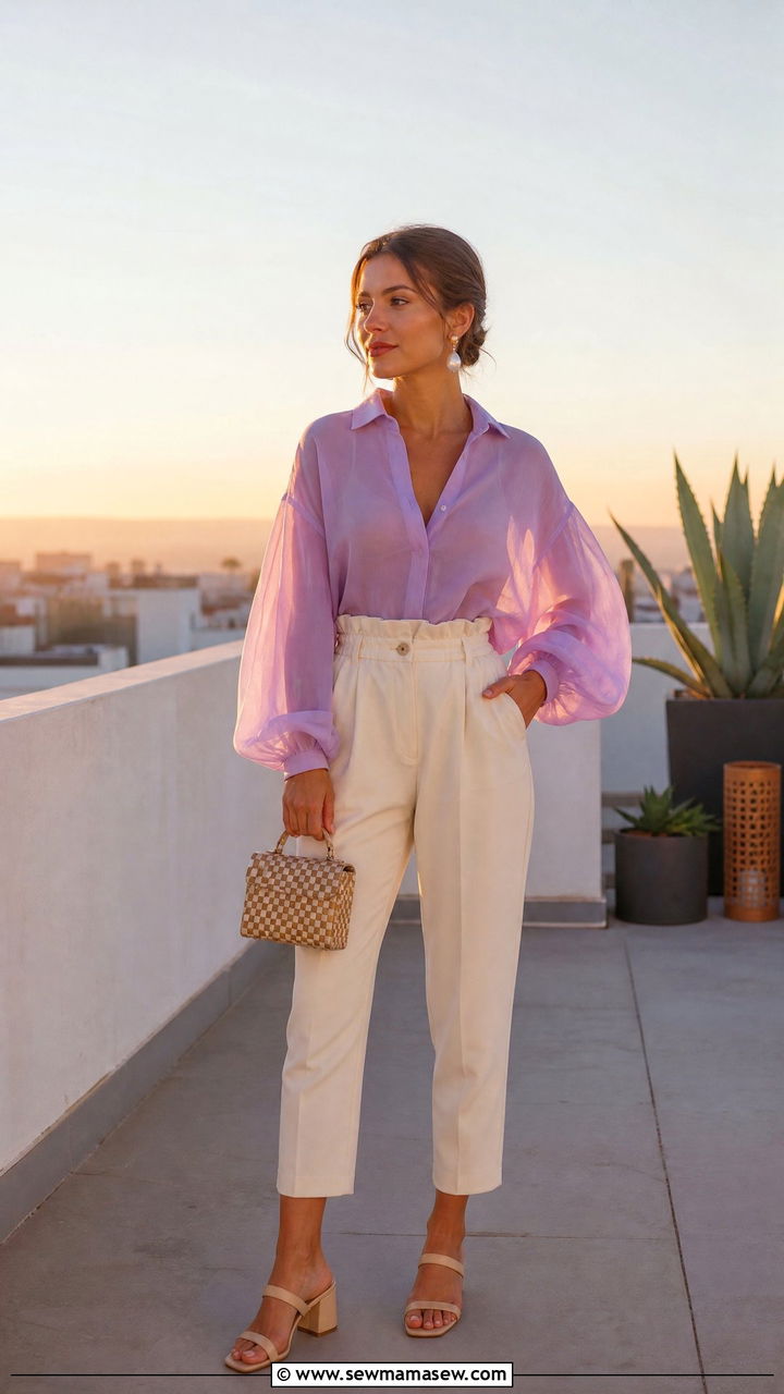 Lilac Balloon Sleeve Blouse With Cream Trousers - 30 Summer outfits in pastel