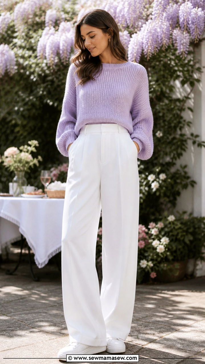 Lilac Chunky Sweater with White Wide Leg Trousers - 40 Purple outfit ideas