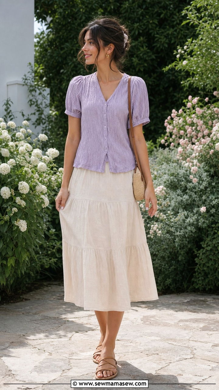 Lilac Crinkle Top And Tiered Skirt - 25 Summer clean girl outfits 2026