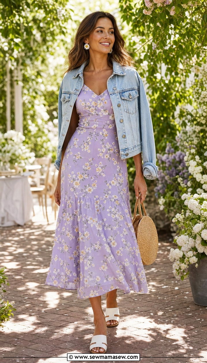 Lilac Floral Dress With A Denim Jacket - 25 spring lilac outfit ideas