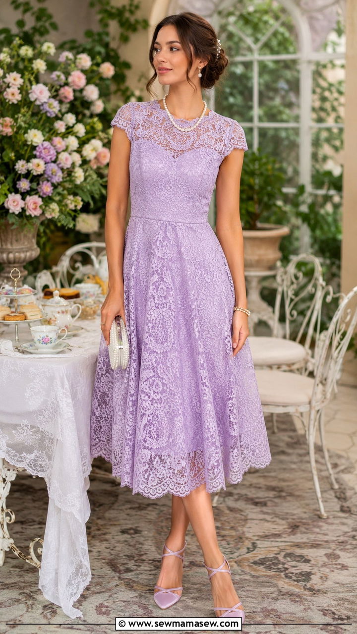Lilac Lace Dress With Pearl Jewelry - 30 chic bridal shower outfits for women