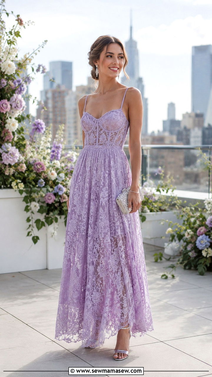 Lilac Lace Maxi Dress with Silver Heels for Rooftop Wedding - 30 Rooftop wedding guest outfit ideas