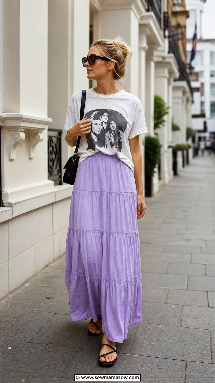 Lilac Maxi Skirt With A Graphic Tee - 35 Lilac outfit ideas