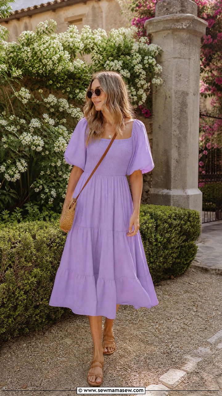 Lilac Midi Dress With Strappy Sandals - 35 Lilac outfit ideas
