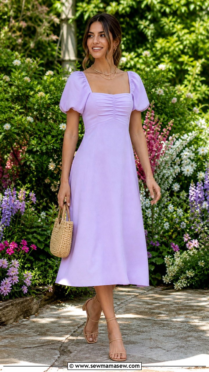 Lilac Midi Dress with Gold Accessories - 40 Spring garden party outfits