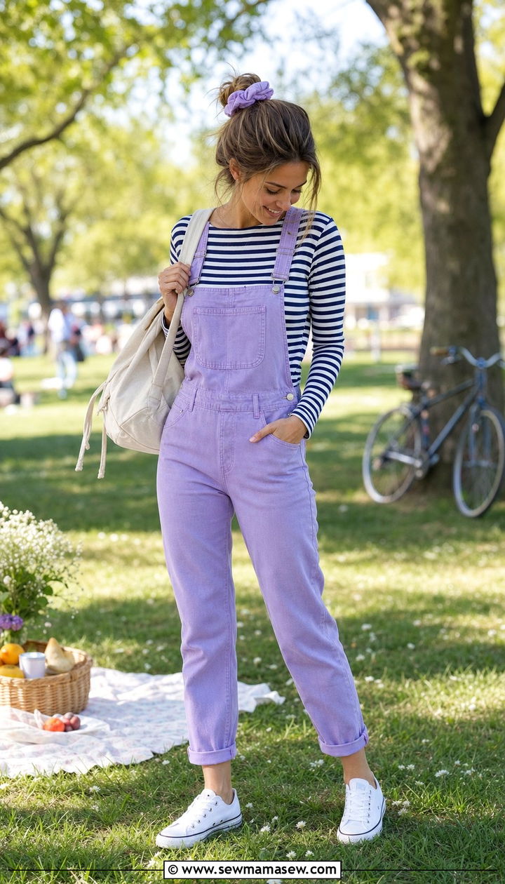Lilac Overalls With A Striped Top - 25 spring lilac outfit ideas