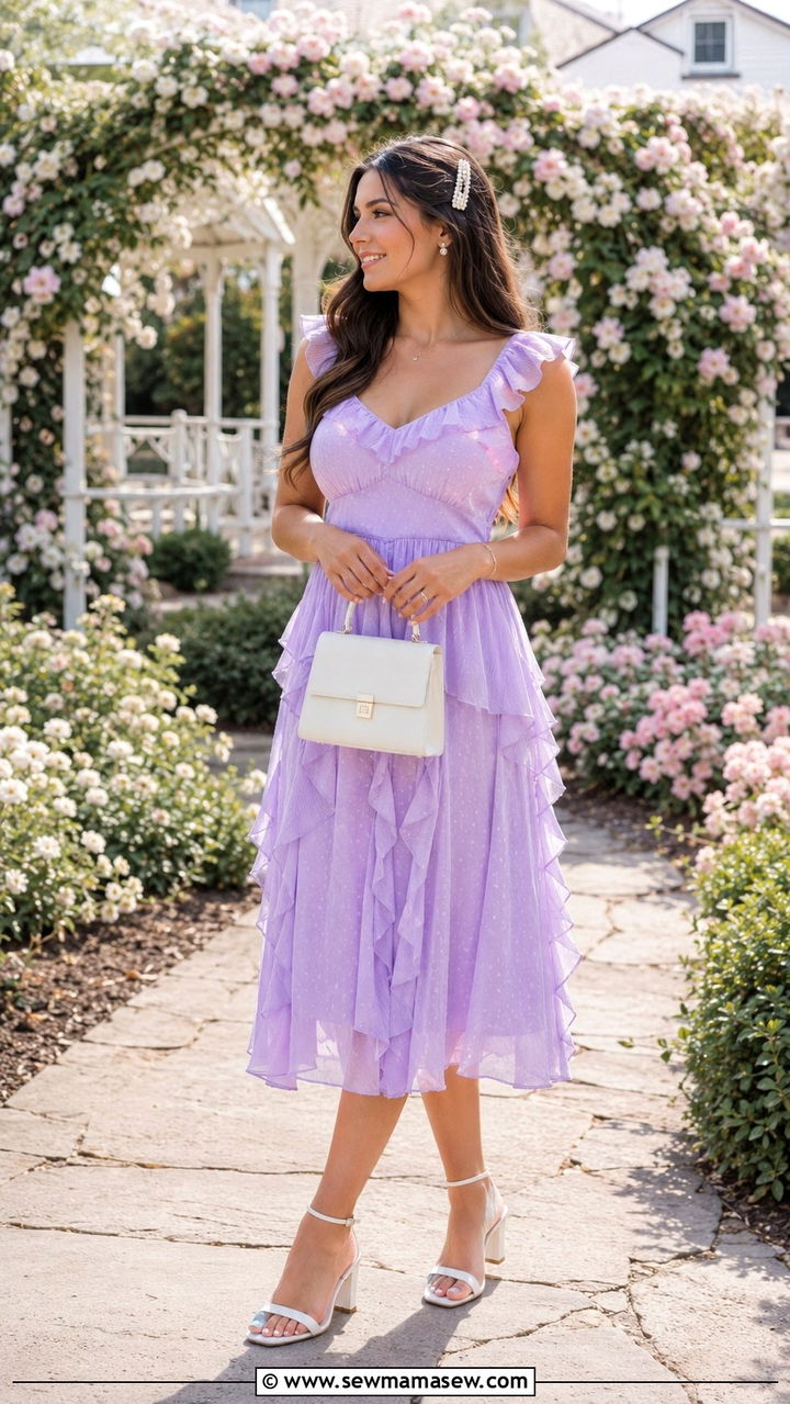 Lilac Ruffled Dress with White Accessories - 25 Wedding guest outfit ideas for college girls