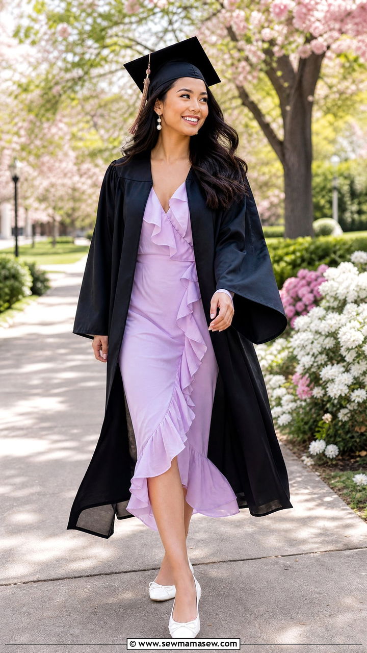 Lilac Ruffled Midi Dress with Pearl Earrings - 30 Graduation cap and gown outfit ideas